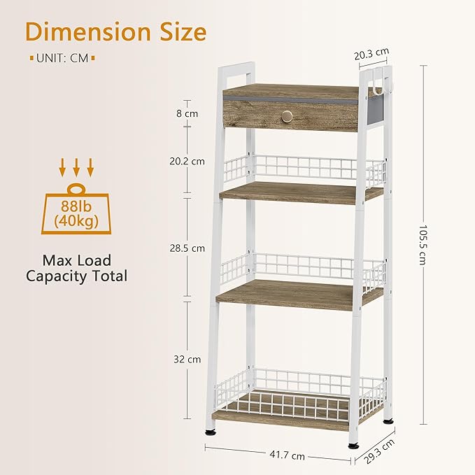 4-Tier Ladder Shelf with Drawer, Bathroom Stand Floor Storage Shelf, Freestanding Tower Table Ladder-White.