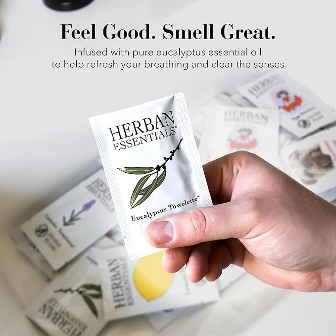 Herban Essentials - Eucalyptus Wipes & Towelettes - Essential Oil Wipes for Hands & Body - Travel Size Essentials and Toiletries - Natural, Individually Wrapped, Disposable & Moist Refresh (20 count)