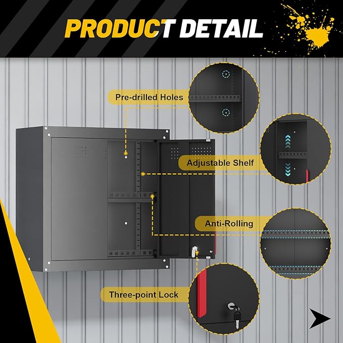 Metal Wall Cabinet,Wall Mounted Garage Storage Cabinet with Lock and Handle,Garage Wall Cabinet with Adjustable Shelves for Garages, Storage Rooms, Basements