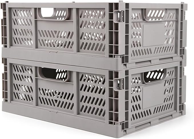 Domiella 2-Pack Crates for Storage, Storage Crates Plastic Stackable, Foldable Crate for Office Home Kitchen Bedroom Bathroom (Large, Gray)