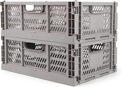 Domiella 2-Pack Crates for Storage, Storage Crates Plastic Stackable, Foldable Crate for Office Home Kitchen Bedroom Bathroom (Large, Gray)