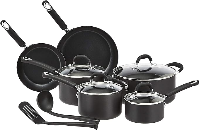 Amazon Basics Hard Anodized Non-Stick 12-Piece Cookware Set, Black - Pots, Pans and Utensils