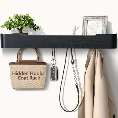 Coat Rack Wall Mount with Hidden Hooks Modern Key Holder Wood Entryway Hook with Shelf for Bedroom Kitchen Hallway Bathroom Designed for Hanging Coats Hats Bags Towels Dog Leashe(Black,8 Hooks)