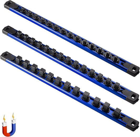 ALOANES 3-Piece Magnetic Socket Organizer, Heavy Duty Aluminum Socket Rails Organizer, 360° Swivel Clips Socket Holder Kit for Tool Box, 1/2, 3/8, 1/4-Inch Socket Holder x 40 Clips (Blue)
