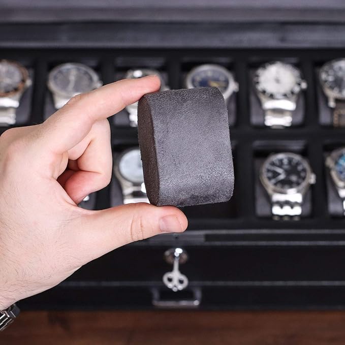 ROTHWELL 12 Slot Leather Watch Box with Valet Drawer - Luxury Watch and Jewelry Case Display Organizer, Microsuede liner, Mens Locking Storage Holder Large Glass Top (Black/Grey)