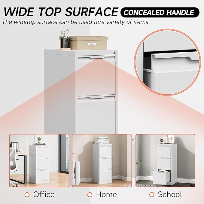 3 Drawer File Cabinet with Lock,Vertical Filing Cabinets for Home Office,Heavy Duty Metal File Cabinet for Hanging A4/Letter/Legal Size File,Vertical File Cabinet 15" W X 17.8" D X 38.3" H-White