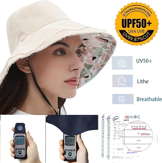 vidsel Womens Sun Hats Wide Brim Reversible Bucket Cotton Hat Packable Summer Travel Cap with Hat Clip,UV Protection