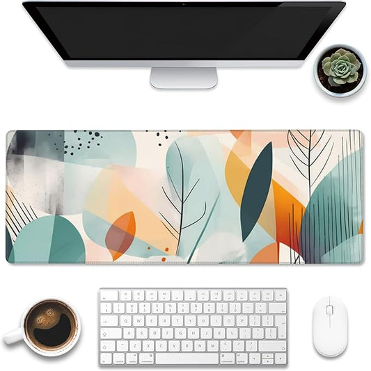 Desk Pad, Abstract Colorful Leaves Desk Mat, Large Gaming Mouse Pad with Non-Slip Base and Stitched Edge, 31.5"x11.8"