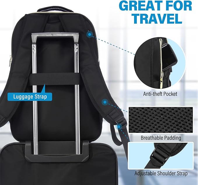 LOVEVOOK Laptop Backpack Purse for Women, Work Business Travel Computer Bags with 15.6 Inch Laptop Compartment, Teacher Nurse Backpack for Womens, Quilted Casual Daypack with USB Port, Black
