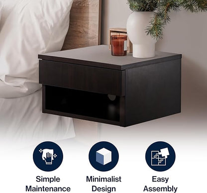 JONATHAN Y NST2002B Ettore 15.71" Mid-Century Modern Floating Wall Mounted Nightstand with Soft-Close Drawer and Cable Hole, Black