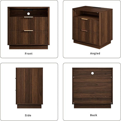 Large Fluted Night Stand with Charging Station, 23" Mid-Century Modern Nightstand, 2 Drawers End Table with Storage, Bedside Table for Bedroom Sofa Home Office, Curved Profile (Walnut)