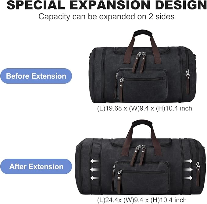 Felipe Varela Duffle Bag for Men, Canvas Expandable Duffel Bag for Travel, Mens Carry On Luggage Bags Traveling Weekender Gym Overnight Duffel Bags for Airplanes, Black