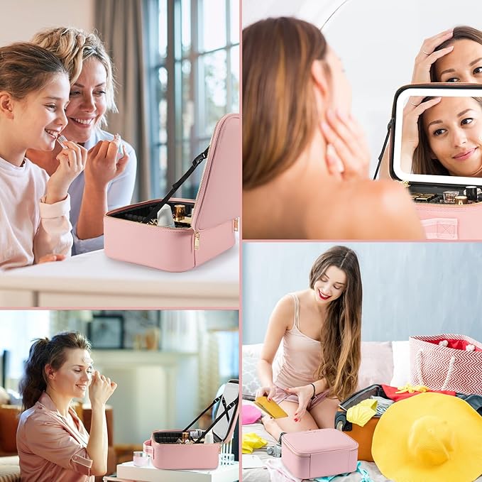 Makeup Travel Train Case with Mirror LED Light 3 Adjustable Brightness Large Cosmetic Bag Portable Storage Adjustable Partition Waterproof Makeup Brushes Make up Jewelry Gift for Women