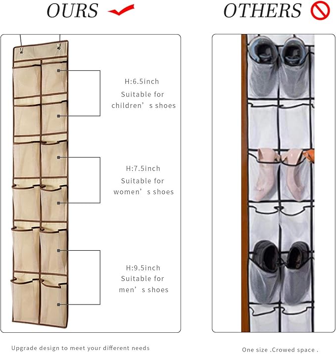 KEEPJOY Over The Door Shoe Organizer,Hanging Shoe Organizer 12 Mesh Pockets Shoe Organizer for Closet,Works Well for Men and Woman Kids Shoes Storage, 57.5×12.6inch(Beige)