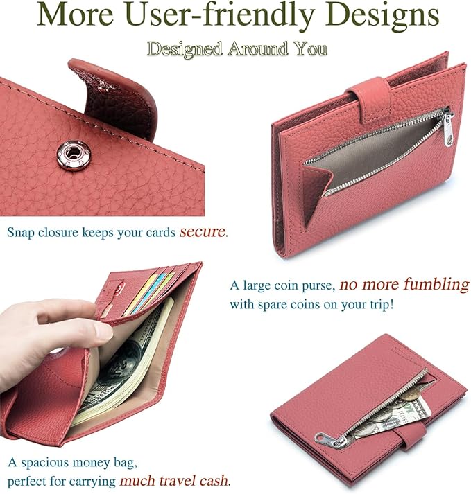 Slim RFID Passport Wallet for Women – Leather Travel Passport Holder for Men with Passport Slot & Card Slots, Zippered Coin Pocket & Cash Holder Travel Organizer Brick Red