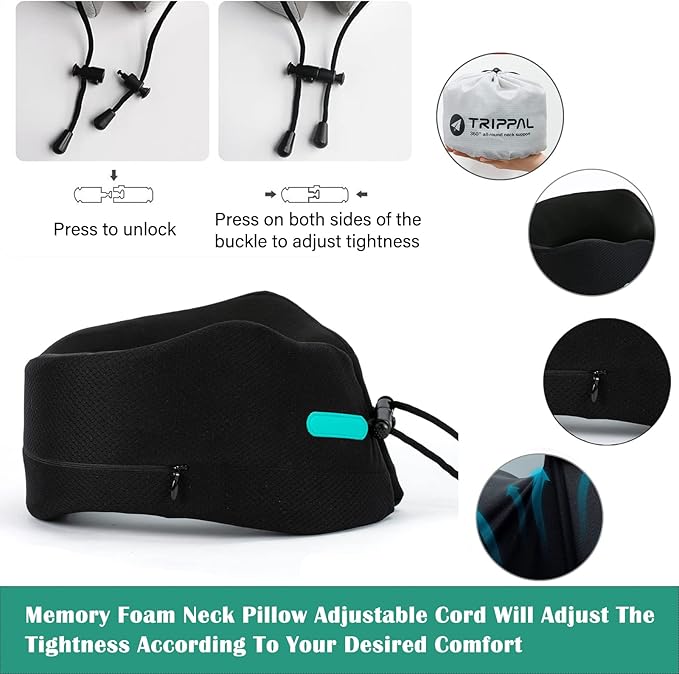GOLDORANGE Large Travel Pillow Neck Chin Head Support Best Memory Foam Neck Pillows for Airplane Train Car Bus Home Office Sleeping Rest with Compact Carry Bag Black L
