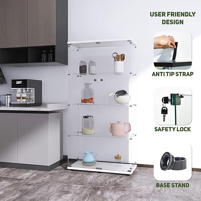 Beauty4U Glass Display Cabinet with 4 Shelves, 2 Doors Curio Cabinets for Living Room, Bedroom, Office, White Floor Standing Glass Bookshelf, Quick Installation