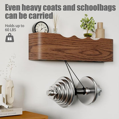 Coat Rack Wall Mount with Shelf 4 Hidden Hooks Modern Wooden Key Holder Entryway Organizer for Hallway Bedroom Bathroom Home Decor Storage for Hanging Coats Hats Bags Towels, Wave-Shape Walnut