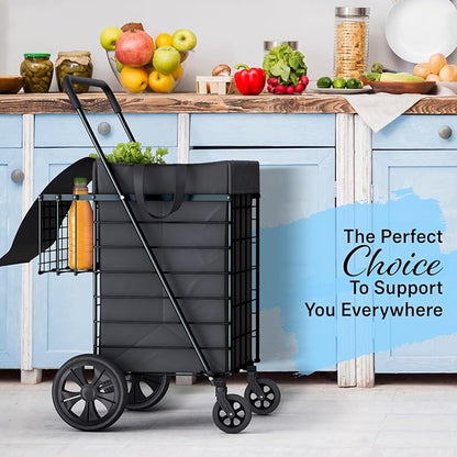 Shopping Cart w/Waterproof Basket Liner & 360° Swivel Wheels | Foldable Collapsible & Lightweight | Perfect for Groceries Laundry Utility Cart - Black