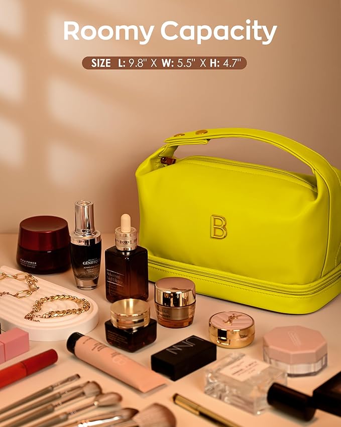 Gifts for Women 20s, Personalized Makeup Bag with Handle, Initial Double Layer Cosmetic Bag with Makeup Brush Organizer, Cute Cosmetic Pouch for Women, Gifts for Friends Female Mom