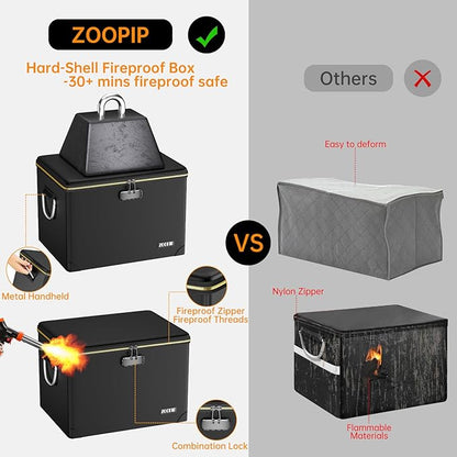 Fireproof Document Box,Hard Case File Organizer with Fireproof Zipper&Threads,Non-Foldable Filing Cabinet with Lock, Portable Office Safe Box Storage for Hanging Letter Folder,Valuables,Black