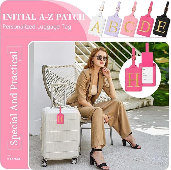 Personalized Rose Red Leather Initial Luggage Tags with Privacy Cover Name Card, Custom Monogram Embroidered Cute Suitcase Tags for Women Kids