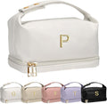 Girlfriend Gifts, Personalized Makeup Bag with Handle, Initial Double Layer Cosmetic Bag with Makeup Brush Organizer, PU Leather Travel Toiletry Bag Gifts for Women Her Friend Sister Mom Gift