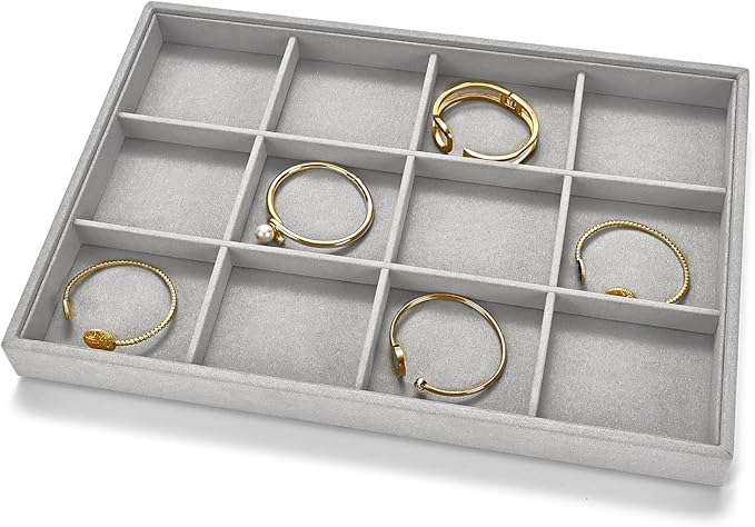 12 Grids Microfiber Jewelry Trays Bracelets Tray Stackable Jewelry Organizer Trays for Drawer Bracelet Holder Earring Tray For Bracelet Bangle Earrings Watches Storage (Grey)