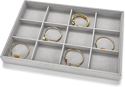12 Grids Microfiber Jewelry Trays Bracelets Tray Stackable Jewelry Organizer Trays for Drawer Bracelet Holder Earring Tray For Bracelet Bangle Earrings Watches Storage (Grey)