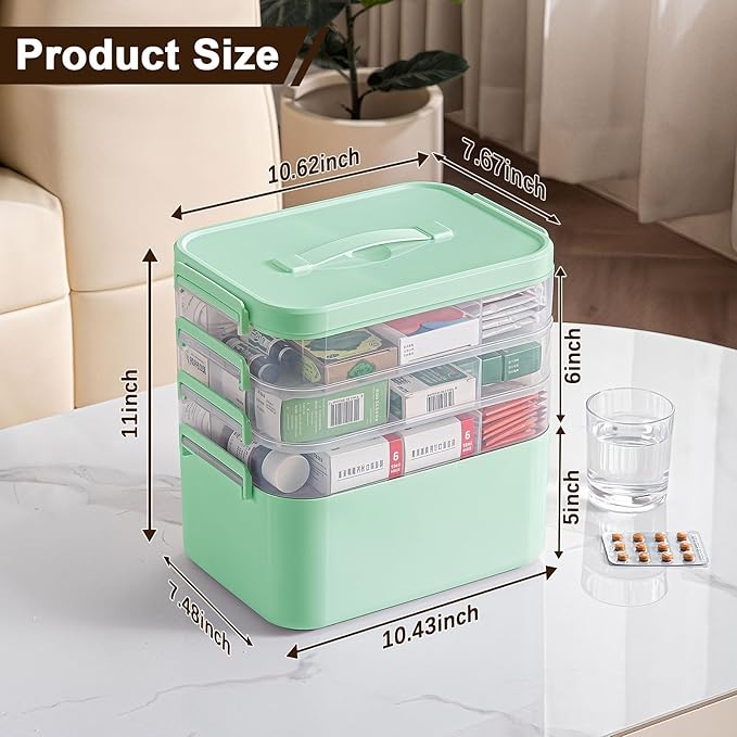 4-Tier Portable Medicine Cabinet Organizer, Large Medicine Storage Box with Handle, Plastic First Aid Box Empty, Multipurpose Medical Supply Organizer, Medication Storage with 3 Removable Tray (Green)