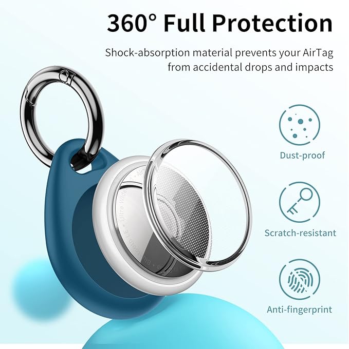 UNBREAKcable Holder for Apple AirTag - 4 Pack [Fit Tightly Design] [Easy to Install] [Hold Air Tag Securely] Waterproof TPU Shell Protective Case with All Metal Keychain Key Ring Clip (Brown&Blue)