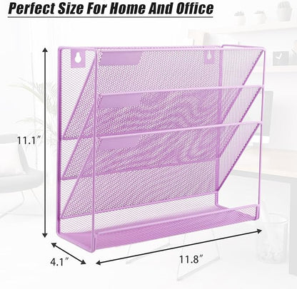 EASEPRES Desk File Organizer Mesh 4-Tier, Hanging Wall Mount Document Organization Stand, Desktop Vertical Mail Paper Folder Holder Rack with Bottom Tray for Office Home Cubicle, Light Purple