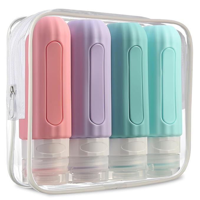 Travel Bottles for Toiletries, TSA Carry On Approved Toiletries Containers, 3 Ounce Leak Proof Squeezable Silicone Tubes, Refillable Accessories Shampoo Body Wash Liquids (4 Pack), Pink