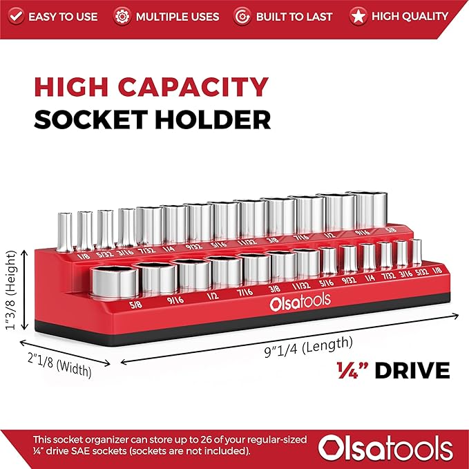 Olsa Tools Magnetic Socket Organizer | 1/4-inch Drive | SAE | RED | Holds 26 Sockets | Professional Quality Tools Organizer