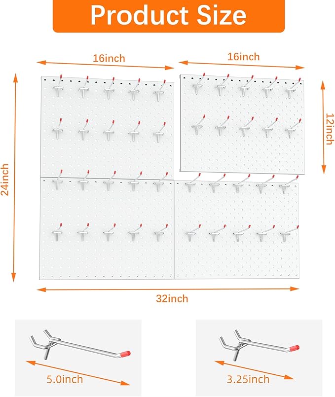 TORACK Metal Pegboard Panels and Hooks for Garage, Workbench, Shop, Shed Tool Organizer Peg Board with 1/8" & 1/4" Holes, Modular Wall-Mounted Pegboard with Pegboard Hooks(Cream White)