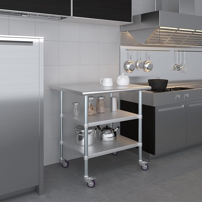 AmGood Stainless Steel Work Table with 2 Shelves and Casters | Metal Utility Table On Wheels (Stainless Steel Work Table with 2 Shelves + Casters, 36" Long x 30" Deep)