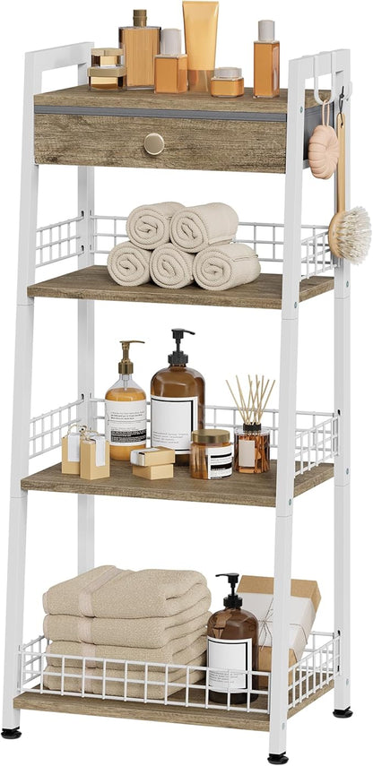 4-Tier Ladder Shelf with Drawer, Bathroom Stand Floor Storage Shelf, Freestanding Tower Table Ladder-White.