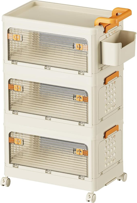 58 QT Storage Bins with Lids, Stackable Rolling Storage Cart with Clear Doors, 3 Tier Storage Cart on Wheels, Plastic Storage Containers for Home, Office, Kitchen, Bedroom, White