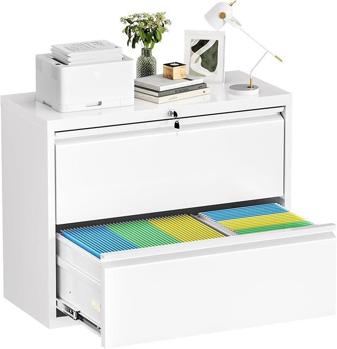 Bonusall Lateral File Cabinet with Lock, 2 Drawer Locking Lateral Filing Cabinet for Legal/Letter Size, Metal Horizontal File Organizer with Hanging Rack for Home Office, Heavy Duty, White