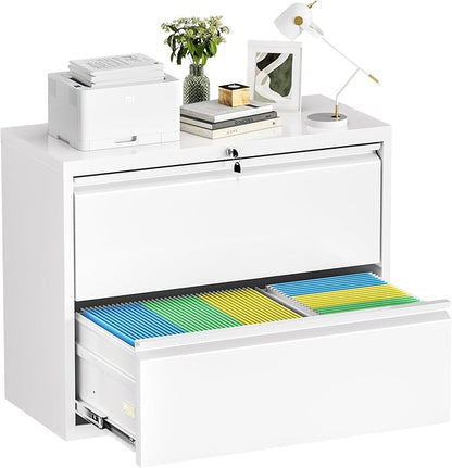 Bonusall Lateral File Cabinet with Lock, 2 Drawer Locking Lateral Filing Cabinet for Legal/Letter Size, Metal Horizontal File Organizer with Hanging Rack for Home Office, Heavy Duty, White