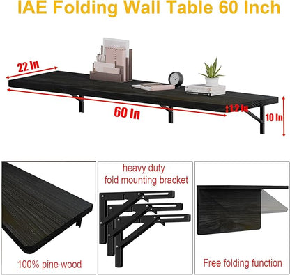 IAE Floating Wall Mounted Folding Table Desk with Pine Wood,60" x 22" Foldable Workbench,Fold Down Wall Mounted Foldable Desk with Shelf Brackets,Laundry Folding Table for Home,Dining,Kitchen,Black