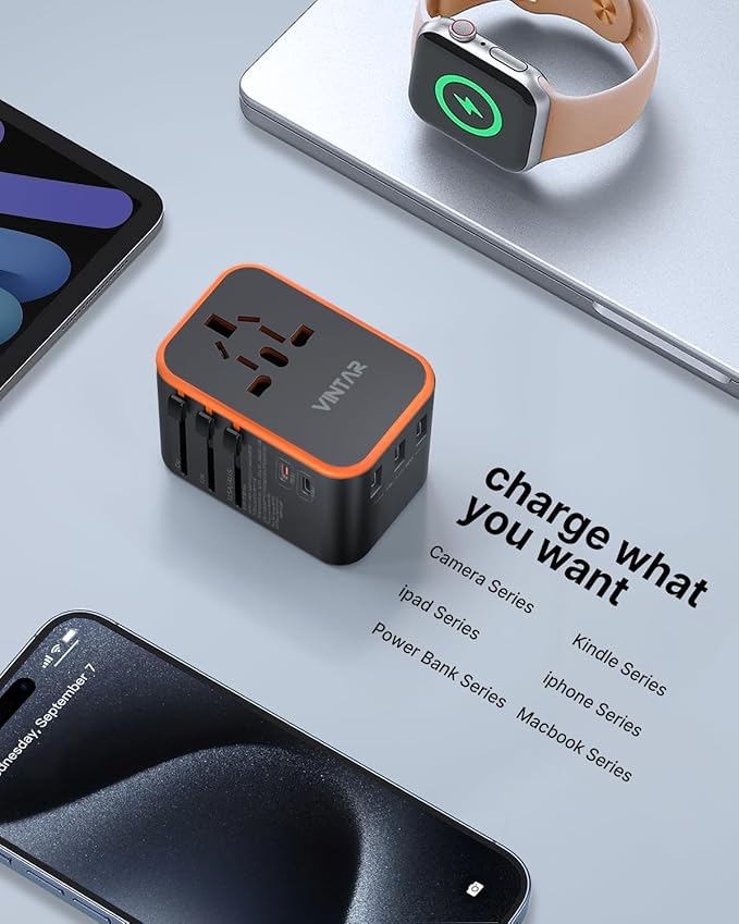 Universal Travel Adapter, VINTAR 35.5W International Power Adapter with 3 USB A QC and 2 USB C PD, All in One Plug Adapter Worldwide Travel Essentials for EU/UK/USA/AUS(Type C/G/A/I), Orange
