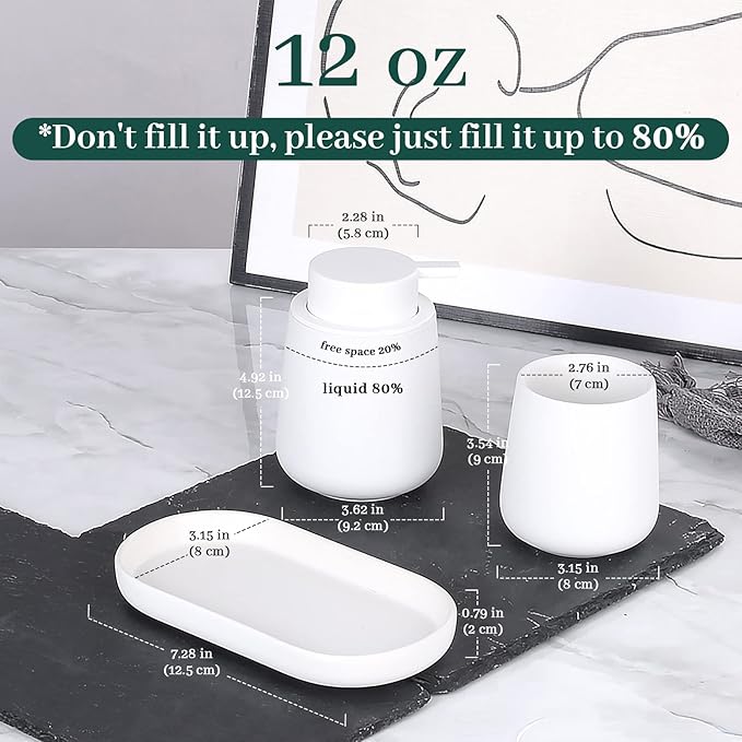 BosilunLife White Bathroom Accessory Set - 3 pcs Ceramic Bathroom Soap Dispenser Set Farmhouse Bathroom Decor Sets Accessories, Soap Dispenser and Toothbrush Holder, Tray (White Set - Liquid Pump)