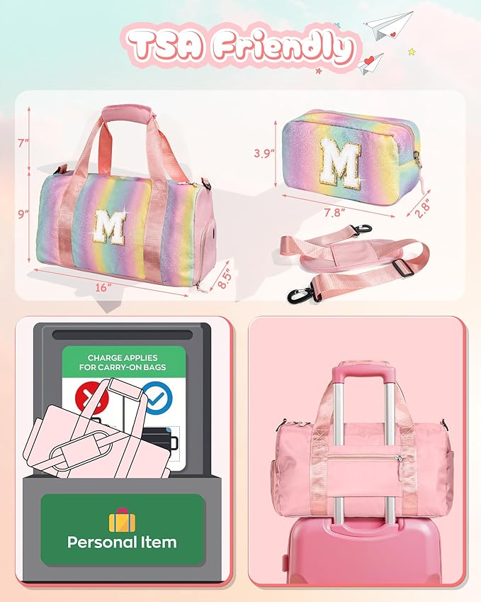 Valentines Day Gifts for Her-Girl Gym Bag with Shoe Compartment, Kid Personalized Weekender Overnight Bags, Initial Travel Tote with Makeup Pouch, Girls Kids Easter Gift (Letter V)