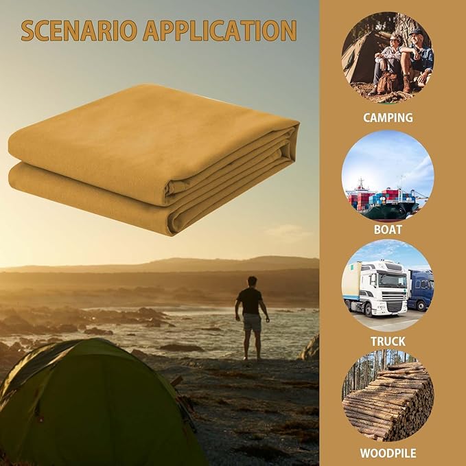 FoundGo 8x12ft Canvas Tarp 22 Mil Tarps 14 oz Canvas Tarpaulin Heavy Duty Cloth Water/UV Resistant Cover with Rustproof Grommets & Ropes for Cars,Roofs,Boats,Camps,Sunshades，Moisture Barrier -Tan