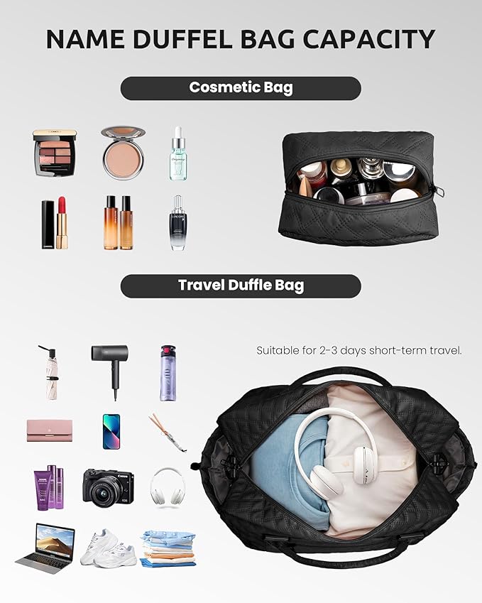 Initial Duffle Bag with Shoe Compartment, Personalized Weekender Bag, Monogram Overnight Bag for Women with Trolley Sleeve & Wet Pocket, Letter Travel Bag with Makeup Bag (Letter J), Black