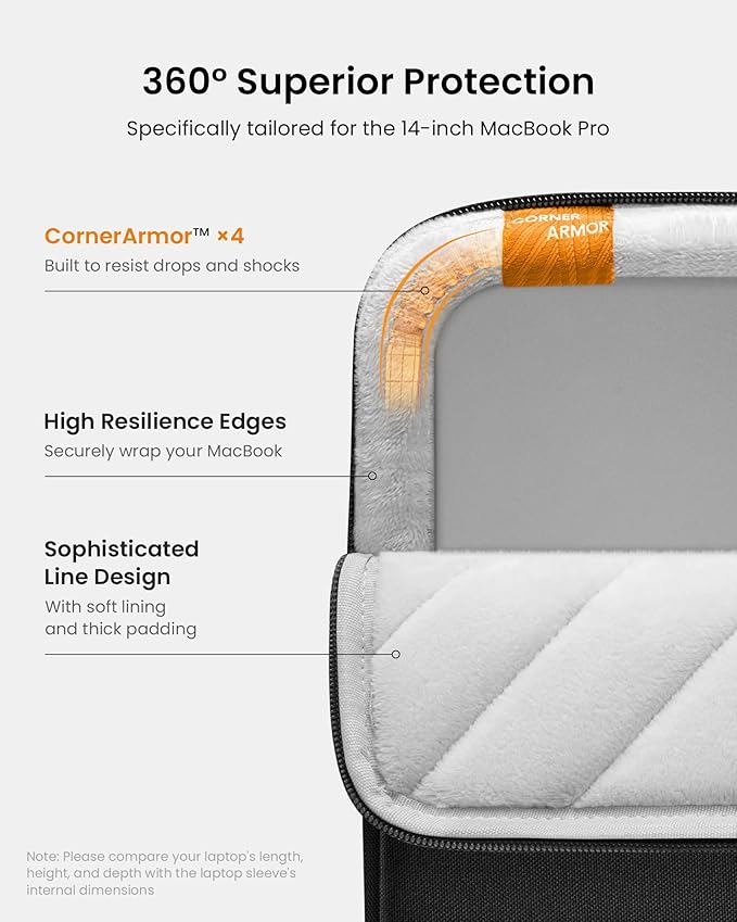 tomtoc 360° Protective Laptop Sleeve for 14-inch MacBook Pro M5/M4/M3/M2/M1 Pro/Max A3434 A3112 A3401 A3185 A2992 A2918 2025-2021, Water-Resistant Case Bag with Accessory Pocket for 13.8Surface Laptop