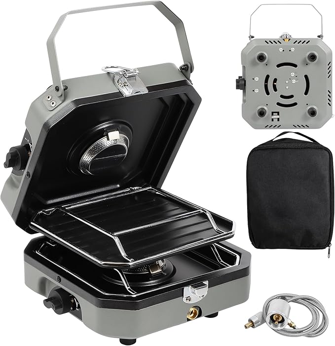 2-Burner Foldable Camping Stove with Griddle and Carrying Bag，16000 BTU Portable Propane Camp Stove with 2 Adjustable Burners & Piezo Ignition, for Camping, Home Backyard, Frying Turkey, Green