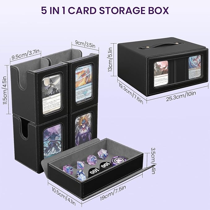 Trading Card Storage Box with Commander Display, Holds 400+ Double-Sleeved Cards, Multi-purpose Deck Box with Handle for MTG/TCG/Sports Cards, 4 Dividers, 1 Dice Tray, 4 Toploaders, Black Grey