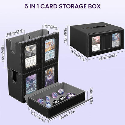 Trading Card Storage Box with Commander Display, Holds 400+ Double-Sleeved Cards, Multi-purpose Deck Box with Handle for MTG/TCG/Sports Cards, 4 Dividers, 1 Dice Tray, 4 Toploaders, Black Grey